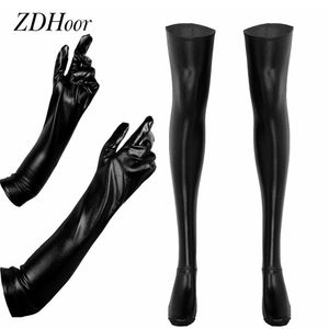 Five Fingers Handschuhe Sexy Pole Dance Kostümzubehör Damen Damen Metallic Latex Lange Handschuhe mit Strumpf Erotik Cosplay Wetlook Lederkleidung 230506