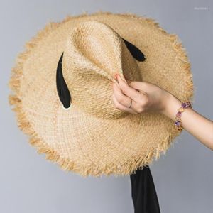 Wide Brim Hats 2023 Summer Lafite Sun Cap Ladies Black Ribbon Hand-woven Straw Hat Visor Big Side Outdoor Beach Chapeu Feminino