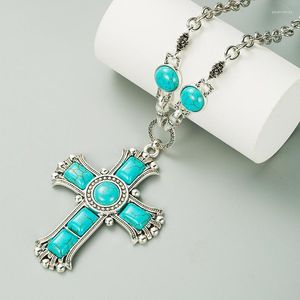 Pendant Necklaces Vintage Ethnic Style Faux Turquoise Cross For Women Antique Silver Color Chain Party Jewelry