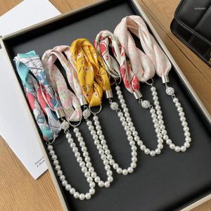 Choker Fashion Women Silk Pearl Scarf Necklace Femme Chiffon Neck Print Neckerchief Foulard smycken Tillbehör