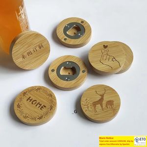 Tom Diy Bamboo Round Shape Bottle Opener Coaster Kylskåp Magnet Decoration Beer Bottle Opener Custom Logo