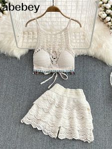 Women's Swimwear 2022 Summer Ladies Tassel Crotchet Camis Top + Shorts Chic 2pcs Beach Suit Holiday Set Y23