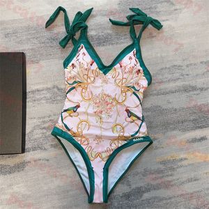 Vintage Pattern Swimwear Womens Green Bikini Letter Logo One Piece Swimsuit Sexy Lace Up Bathing Suit