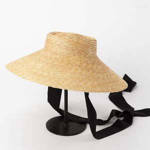 Wide Brim Hats X257 Shallow Flat Top Big Strap Wheat Straw Hat Stage Catwalk Beach Sunscreen Sun Lady Cap Adjust Size