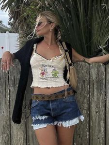 Serbatoi da donna Cartoon Ricamo Babes Bretelle Giallo Sexy Crop Top con scollo a V Slim Fit Tank Abbigliamento donna 2023 Summer Fashion T Shirt