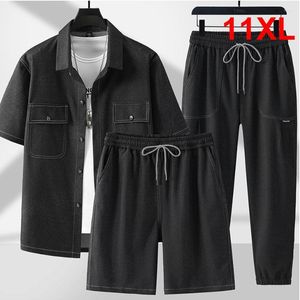 Tute da uomo Camicie estive Pantaloncini Abiti di jeans Uomo Taglie forti 11XL Completi da uomo Moda Casual Tinta unita Camicia di jeans Uomo Grande