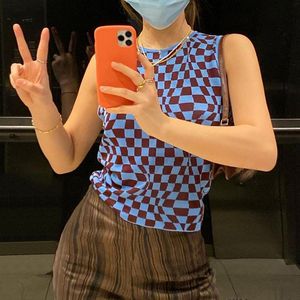 Tanks Summer Knit Crop Top Women Sleeveless Tank Top Basic T Shirts Casual Checker Plaid Vest Streetwear Tank Top Vintage