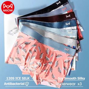 Underpants Miiow 3pcs 120s Silk Ice Mutandine maschile estate sottili maschi senza cucitura maschile sexy stampa pugile pugili liscio bianche da uomo ghiacciato 230508