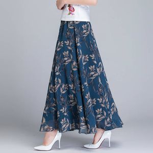 Skirts Spring Summer Chiffon Skirts Ink Painting Print Floral Long Skirt Elegant Chic A-Line Full Length Skirt Ankle Beach Skirts 230508