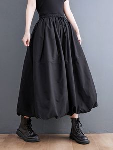 Skirts Black Vintage High Waist Pleated Skirt Women Fashion Plus Size Drawstring Loose Casual Long Skirts Clothing Spring Autumn 230508