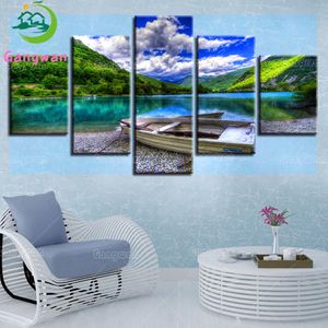 Stitch 5 Piece Mountain Lake Ship och Blue Sky White Cloud Scenery Diy Diamond Målning Full Diamond Diamond Embrodery Mosaic Home Decor