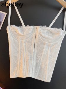 Camisoles Tanks Sexy Embroidery Lace Women Camis Tops Corset Bralette Cami Front Buttons Crop Cute Vest Elegant French Chic Party Clubwear 230508
