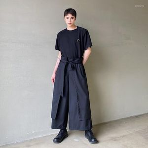 Mäns byxor manliga unisex japan streetwear wide ben bant dubbel lager design män kvinnor bälte justerbar mode lös casual chic kjol