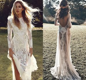 Новое изысканное кружевное свадебное платье Boho шикарное длинное рукав без обратного свадебного платья летняя марибус