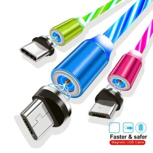 3 I 1 Magnetiska telefonkablar Laddarlinje 2A LED Flödande snabb laddningsladd Typ C Micro USB -kabeltråd för Samsung Smartphone