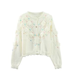 319 2023 Runway Summer Brand SAme Style Maglione Cardigan a maniche lunghe Girocollo Perline bianche Abiti di moda a righe Donne di alta qualità yuecheng