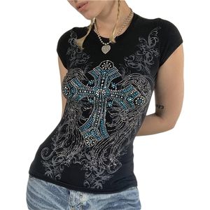 Women's Tanks Camis Xingqing T Shirt y2k Aesthetic Fairy Grunge Cross Wings Pattern Short Sleeve Tops Casual Graphic Tee 2000s Streetwear 230509