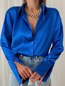 Bluzki damskie eleganckie satynowe kobiety z długim rękawem 2023 vintage niebieska zielona jedwabna koszulka swobodna luźna koszulka