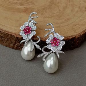 Kolczyki stadnorskie KKGEM Red Cubic Cyrronia Micro Pave Flower Teardrop White Sea Shell Pearlstud dla kobiet