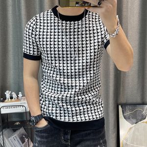Men's T-Shirts Houndstooth Men Short Sleeve Sweater T-shirt O-neck Knitted Top Tees Streetwear High Quality Social Club Casual Tee Shirt 230509