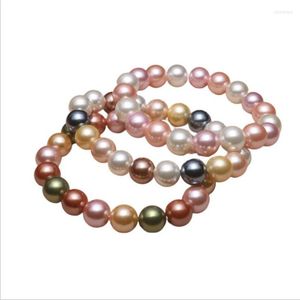 Strand 8 10mm runda pärlor mode multicolor naturligt skal tahitiska svarta sydsjön pärlor armband elastisk linje