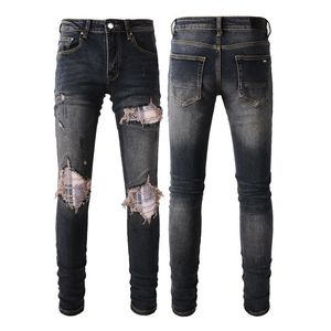 ss23 Mens Jeans para rapazes Rip Slim Fit Skinny Man Calças Laranja Star Patches Vestindo Biker Denim Stretch Cult Stretch Motocicleta Trendy Long Straight Hip Hop com Buraco