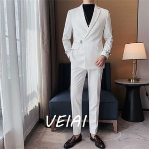 Abiti da uomo Blazer Abito da uomo per matrimonio Set di lusso Nero Bianco Giacca con risvolto con risvolto Blazer 2 pezzi Pantaloni cappotto Slim Fit Primavera Trajes De Hombre 230509