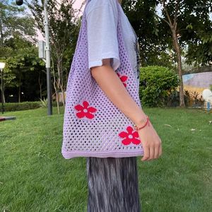 Shopping Bags Women Shoulder Bag Flower Pattern Crochet Large Capacity Japan Korean Style Hollow Out Knitted Handbag Tote For Outdoor