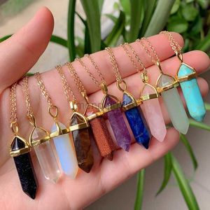 Colares pendentes Reiki Real Natural Stone Chakra Héxagonal Bullet Amethysts Pink Purple Crystal Women Jóias Pendulo Y23