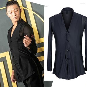 Stage Wear Ballo latino Top Uomo Ballroom Competitivo Camicie Nero Manica lunga Camicia elasticizzata di alta qualità Costume da prestazione DQS1217