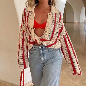 Sweaters Casual Striped Shorts Cardigan Suit Lapel Long Sleeved Breasted Hollow Knitted Coat Two Piece Sets New Fashion 2021 Hot Sale