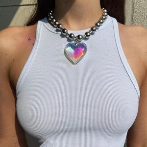 Choker Indie Goth Round Bead Chain Glass Heart Pendant Necklace For Women Egirl Punk Cool Aesthetic Y2K Harajuku Fairy Grunge Jewlery
