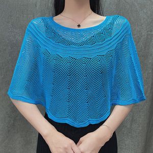 Sarongs Korean Ice Silk Hollow Knit Sunscreen Shawl Female Summer Air Conditioning Neck Protection Pullover Knit Blouse Women's Cape V35 230509