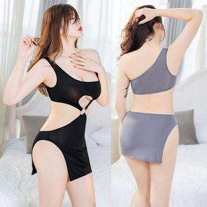 Casual Dresses Women Sexy Lingerie High Elastic Hollow Out Asymmetric One Shoulder Open Side Mini Dress With Thong Erotic Costume Club Wear