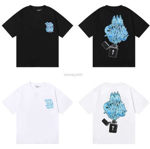 디자이너 패션 의류 Tshirt 티셔츠 브랜드 Trapstar 하이 스트리트 편안한 캐주얼 블루 불꽃 프린트 Mens Womens 라운드 넥 반팔 Tshirt 패션 럭셔리 캐주얼 St