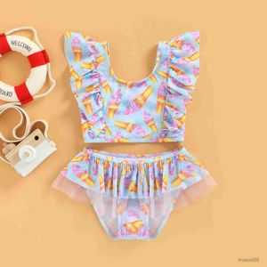 Zweiteilige Mädchen Bademode Kinder Bikini Sets Sommer Mesh Rüschen Ice Printed Badeanzug Kinder Badeanzüge Baby Beachwear