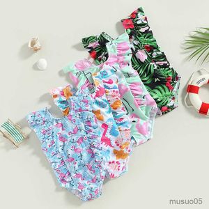 Tvådelar Summer Baby Girl Bikini Beachwear Swimewear Toddler Cartoon Dinosaur/Flamingo/Leaf Print Ruffled ärmlös baddräkt baddräkt