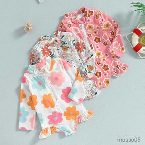 Two-Pieces Ruffle Long Sleeve Kids Baby Girls Swimsuits Summer Floral Zipper Ruffles Jumpsuit Swimwear Toddler Beachwear Bathing Suits