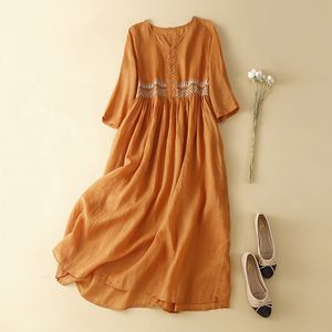 Casual Dresses Summer Vintage Cotton Dress for Women Short Sleeve Single-Breasted Shirt Dresses Casual Loose Brodery Vestidos 230509