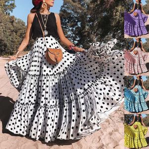 Kjolar bohemiska maxi för kvinnor hög midja polka prickad kjol lös rufsad lång veckad elegant kvinnlig streetwear 230509
