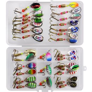 Esche Esche 30pcs 10pcs Cucchiaio rotante in scatola Kit Lure Fishing Ami da pesca in metallo artificiale Bass Trout Persico Luccio Paillettes 230509