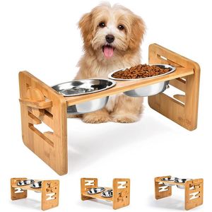 Steamers Bamboo Elevated Dog Bowls with Stand Adjustable Raised Puppy Cat Food Water Bowls Holder Rabbit Feeder for Small Medium Pet with