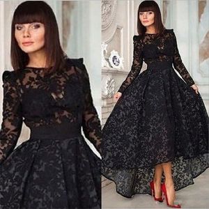 Ny Vestido Black A Line Elegant Prom Dress Crew Neck Long Sleeve Lace Hi Lo Party Special Ocn Dresses Evening Gown