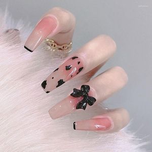 Unghie finte 24 pezzi con fiocco nero trasparente finta lunga bara ballerina per unghie stampa su punte artistiche per manicure