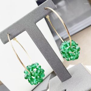 Hoop Earrings Classic Hollow Carved Ball Malachite Green Crystal Clip-on Beads Stud Pendants Enamel Geometric Aretes De Mujer (50MM)