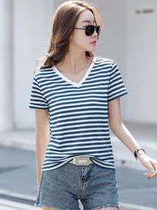 T-shirt da donna Camicia di cotone a righe con scollo a V Donna Moda coreana Abbigliamento donna T-shirt manica corta Femme 2023 Top estivo Camisetas De Mujer