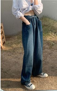 Dżinsy damskie wysokie talia moda moda ciemnoniebieski vintage luźne szerokie nogi dżinsowe spodnie długie zwykłe proste spodnie workowato
