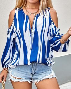 Damenblusen 2023 Frühling/Sommer Selling Fashion Casual Damen Zebra Stripe Print Front Zipper Cold Shoulder Top