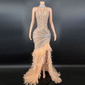 Vestidos de festa prata brilhante Big Featherransparent Long Night Birthday Celebro Costume Luxuoso Dançarino Flashing 230508