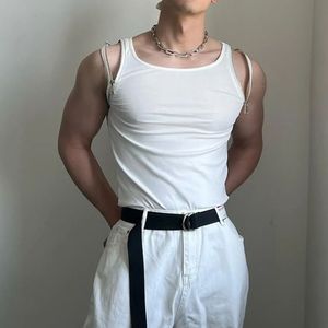 Erkek tank üstleri sıradan yelek Kore kişiliği metal zip tasarım moda seksi sıkı üst kolsuz tees lgbt unisex sokak kıyafeti 230509